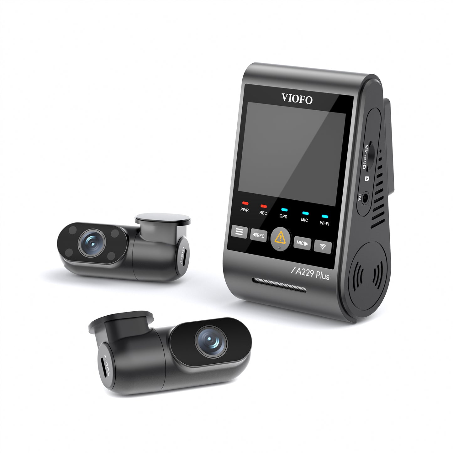 Overview of the VIOFO A229 Plus 2K 3CH dashcam system, featuring three cameras for full coverage. The front camera has a 2K resolution lens for high-quality video recording, while the rear and interior cameras are mounted to capture the rear and cabin views of the vehicle. The cameras are sleek and compact, with a black design and small LCD screens for easy monitoring. The system is designed for comprehensive, multi-angle surveillance while driving