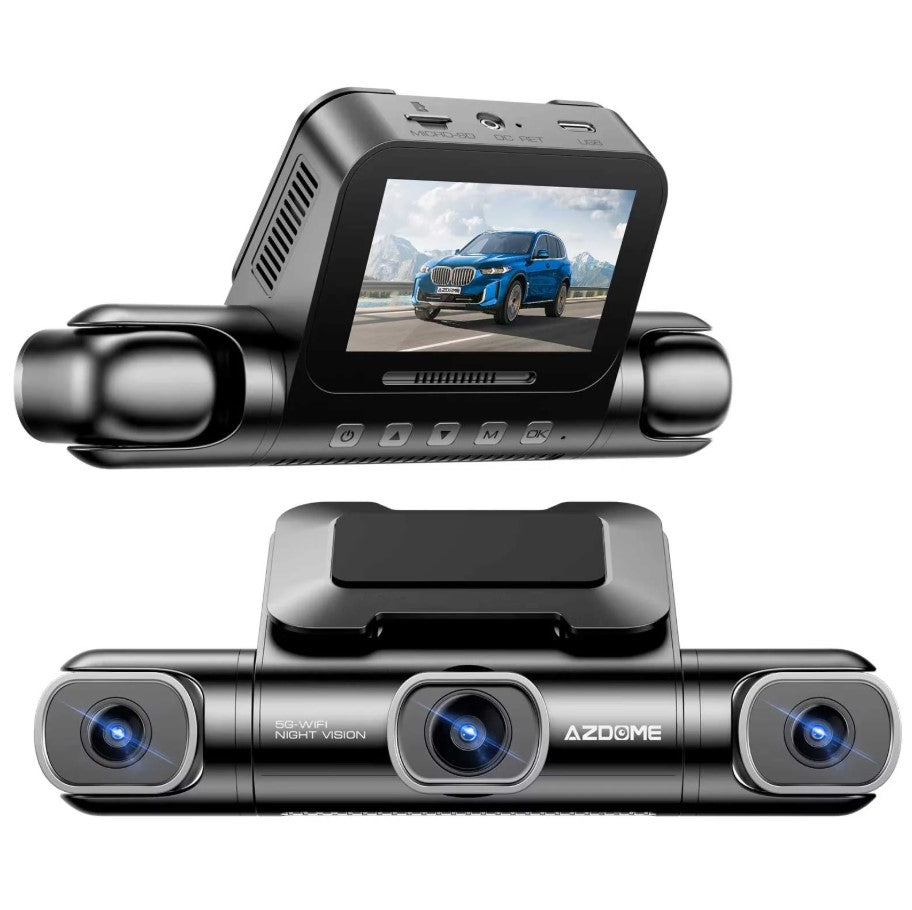 View of the AZDOME M660 4CH dashcam system, featuring four compact cameras designed for full 360-degree coverage. The front camera is mounted on the windshield, with three additional cameras for side and rear views, all connected to a central black unit. The cameras are sleek, with small lenses and a clean, professional design. The system is ideal for providing comprehensive surveillance inside and outside the vehicle