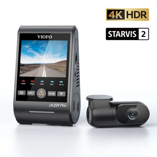 Front and rear view of the VIOFO A229 PRO 4K DUO dashcam system, featuring two sleek black cameras. The front camera has a 4K lens for high-definition video recording, while the rear camera is mounted on the back windshield. Both cameras are compact, with a small LCD screen and buttons for easy control, designed to provide full coverage for both front and rear of the vehicle