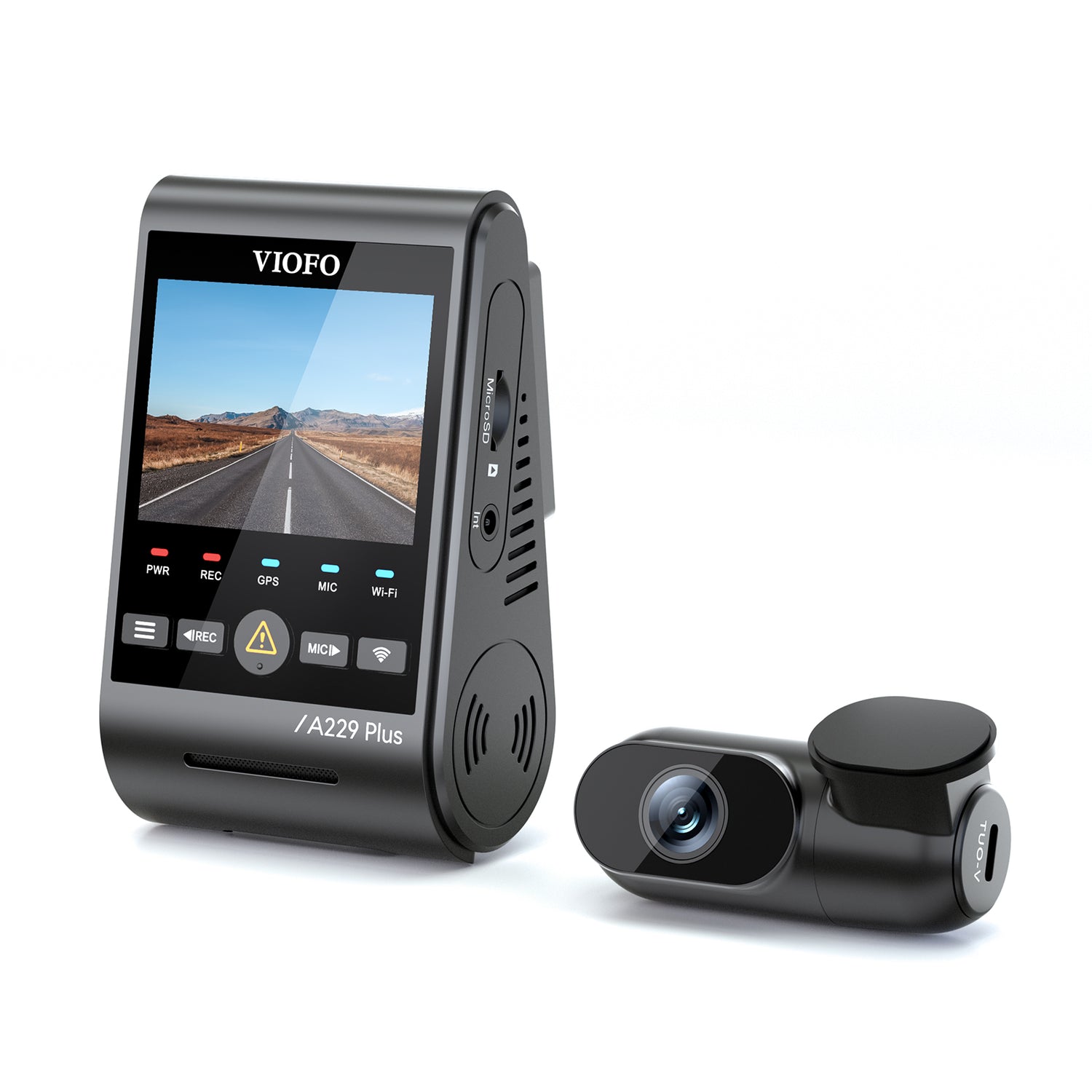 Side view of the VIOFO A229 PLUS 2K DUO dashcam system, showcasing its front and rear cameras. The front camera features a 2K resolution lens, housed in a compact black unit with an LCD screen for easy viewing and controls. The rear camera, designed for capturing rear footage, is similarly small and unobtrusive, mounted discreetly on the rear windshield. The system is designed for high-definition video recording and enhanced vehicle surveillance