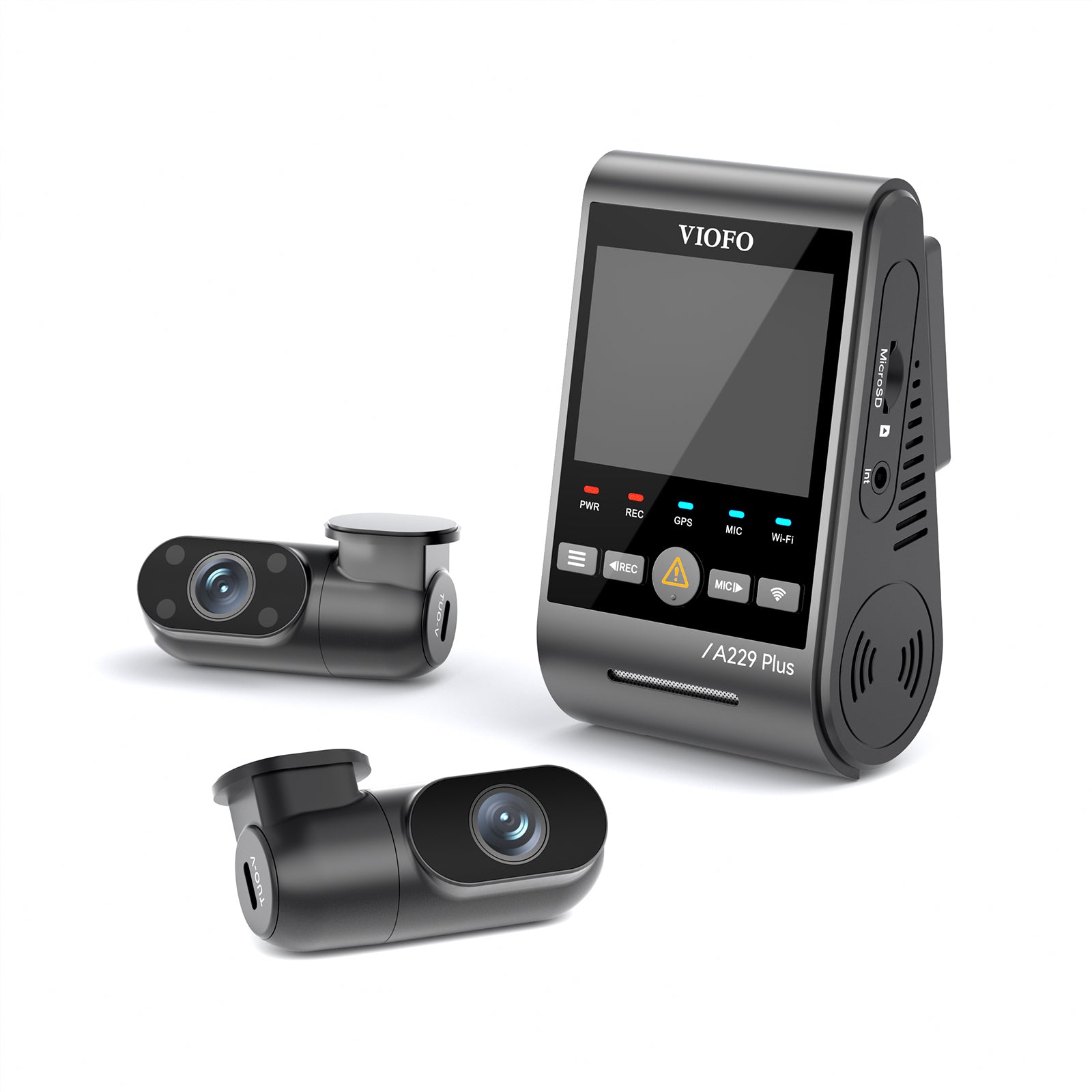 Overview of the VIOFO A229 Plus 2K 3CH dashcam system, featuring three cameras for full coverage. The front camera has a 2K resolution lens for high-quality video recording, while the rear and interior cameras are mounted to capture the rear and cabin views of the vehicle. The cameras are sleek and compact, with a black design and small LCD screens for easy monitoring. The system is designed for comprehensive, multi-angle surveillance while driving