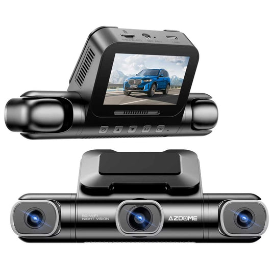 View of the AZDOME M660 4CH dashcam system, featuring four compact cameras designed for full 360-degree coverage. The front camera is mounted on the windshield, with three additional cameras for side and rear views, all connected to a central black unit. The cameras are sleek, with small lenses and a clean, professional design. The system is ideal for providing comprehensive surveillance inside and outside the vehicle